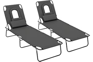 Outsunny Folding Lounge Chair Set of 2, Reclining Beach Tanning Chair with Face Hole, Pillow, 4-Position Adjustable Flat Sun 