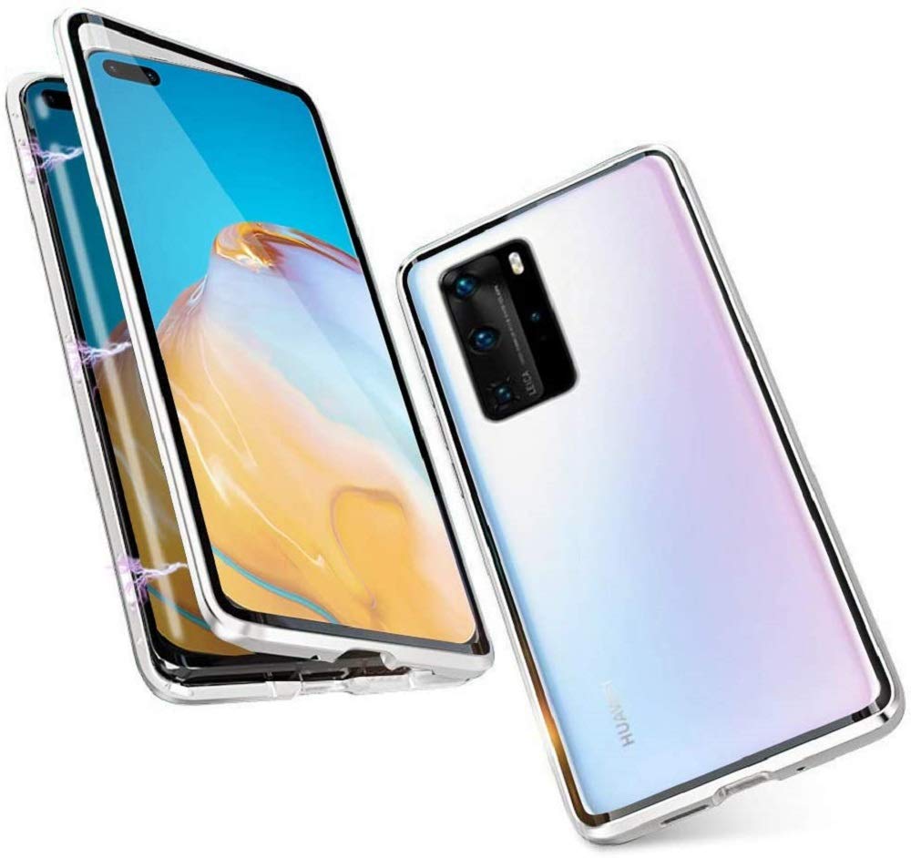 SIMao Case for Huawei P40 Cover,[Magnetic Adsorption][Metal Frame + Front and Back Tempered Glass Transparent] Flip Cover Ultra Thin Full Body Screen 360 Degrees Coveragetective Case,Silver