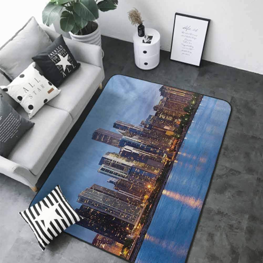 Non-Slip Modern Carpet Chicago Skyline,Sunset in Big City with Dramatic Sky Skyscrapers Evening by Lake,Blue Orange Taupe 60"x 96" Rugs for Outside