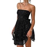 CHEZVOGUE Women's Strapless Mesh Evening Gown Mini Dress Off-Shoulder Elegant Shiny Party Cocktail Dresses