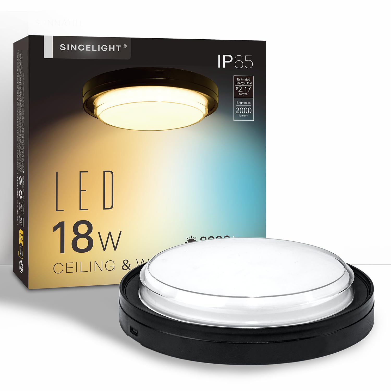 SINCELIGHT LED IP65 Bulkhead for Ceiling and Wall Mount (Φ222mm), 18W, 2000lm, Waterproof for Indoor or Outdoor use, Warm to Cool Color Turnable