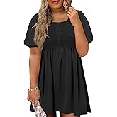Beautife Women's Plus Size Smocked Summer Dress Casual Button Puff Sleeve Scoop Neck A-Line Beach Mini Dress