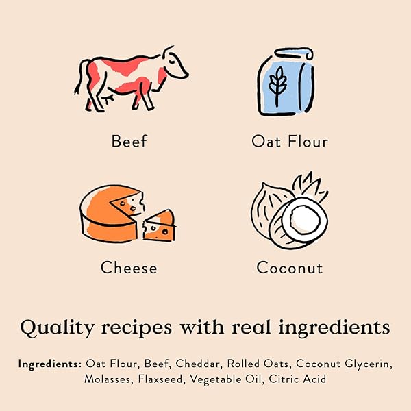 BOCCE’S BAKERY OVEN BAKED SAY MOO TREATS FOR DOGS, WHEAT-FREE EVERYDAY DOG TREATS, MADE WITH REAL INGREDIENTS, BAKED IN THE USA, ALL-NATURAL SOFT & CHEWY COOKIES, BEEF & CHEDDAR RECIPE, 6 OZ