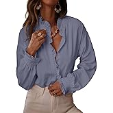 Astylish Womens Dressy Casual Button Down Shirts Ruffle Long Sleeve V Neck Checkered Work Blouse Business Casual 2025 Fall Blouse Tops Dusk Blue Medium