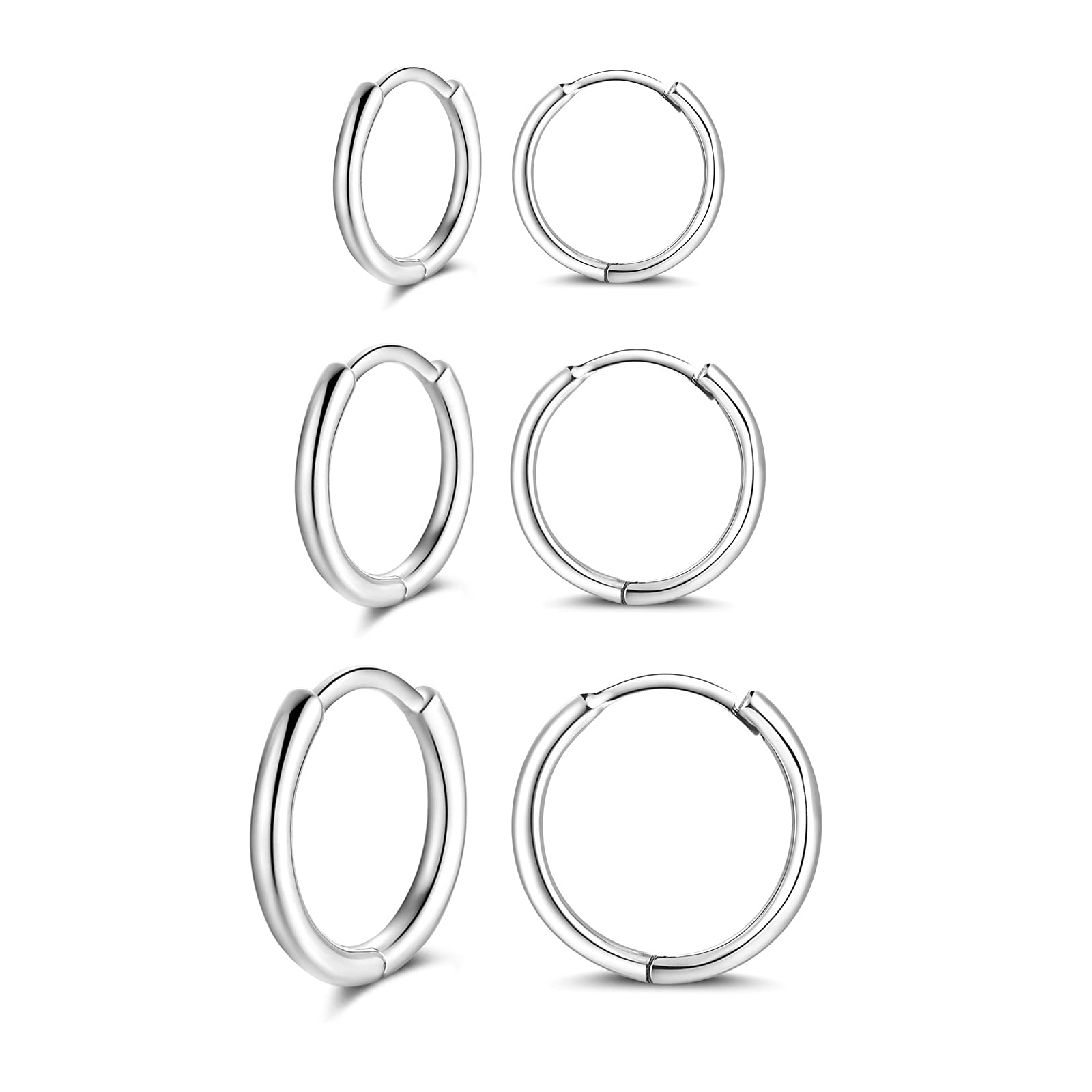 Shuxin Silver Hoops Earrings for Women, 925 Sterling Silver Hoop Earrings Set, Hypoallergenic Unisex Small Sleeper Hoop Earrings Set, Tiny Cartilage Huggie Hinged Hoop Earrings, Diameter 10, 12, 14mm