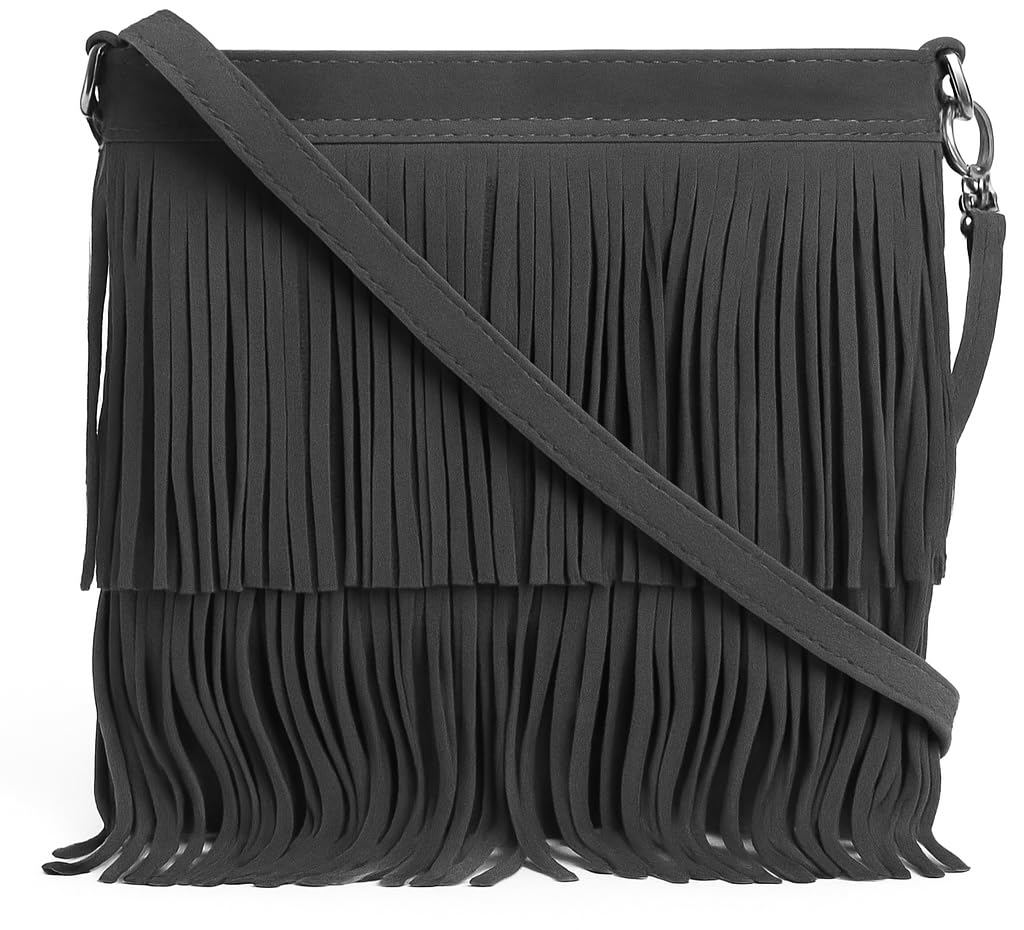 LiaTalia Womens Fringe Handbag - Real Italian Suede Leather - Tassle Effect Shoulder Bag in Medium Size - Ashley [Dark Grey]