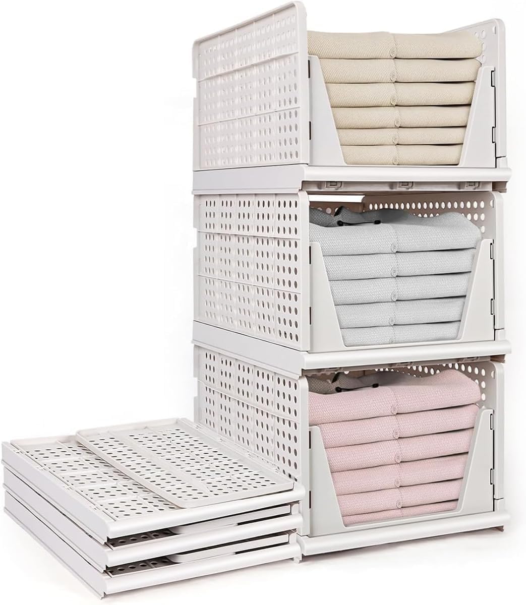 Wardrobe Storage Organiser, 3 Pack Stackable Drawer Racks, Foldable Plastic Wardrobe Shelves Closet Organizer Shelves Basket Storage Box, Easy Pull Out Drawer Dividers for Cabinet, Pantry, Laundry