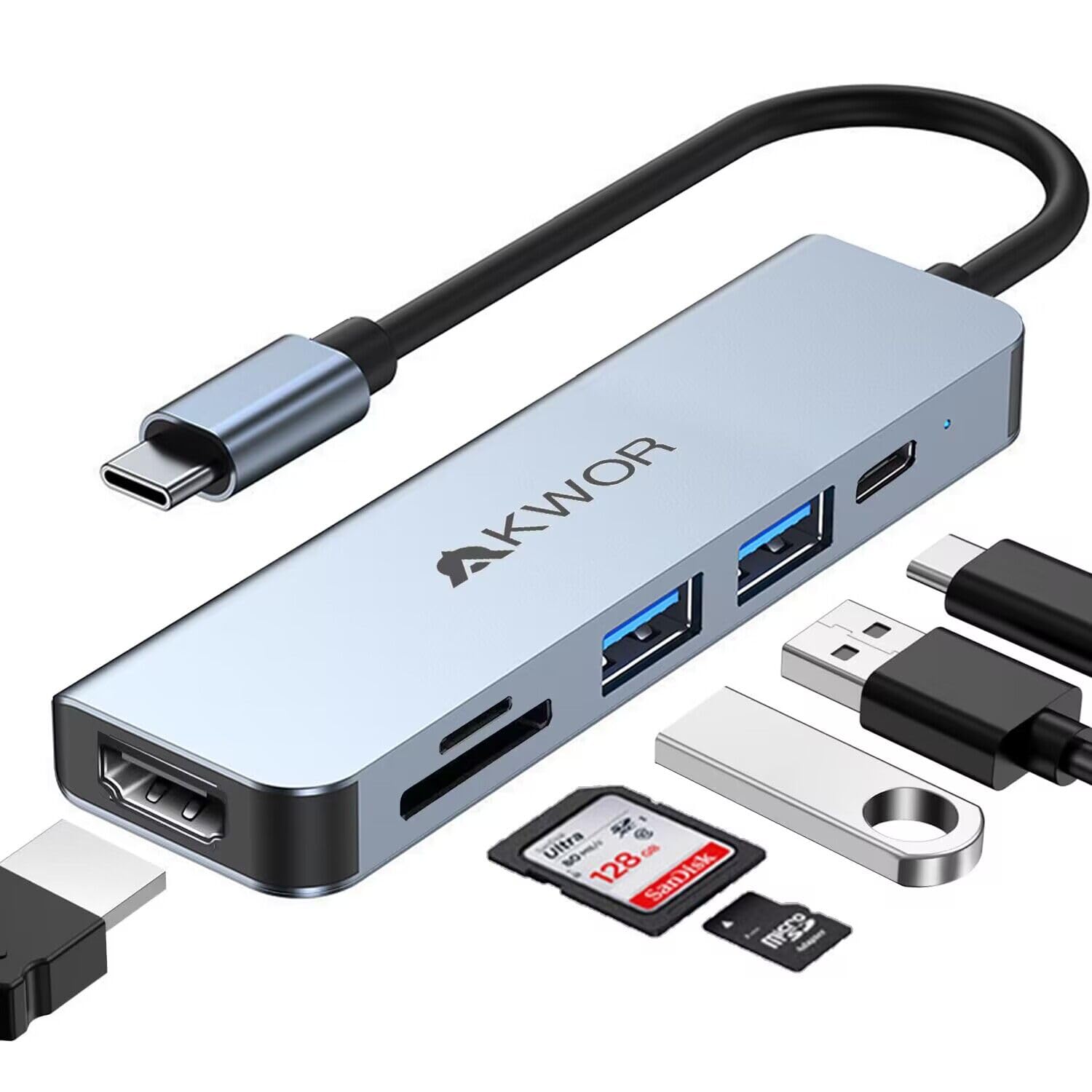 Photo 1 of AKWOR USB C to HDMI Adapter for Monitor, 6 in 1 USB C Hub with 4K HDMI, SD/TF Card Reader,100W PD, USB 3.0 Extender, USB C Dock for iPhone 15, MacBook Air/Pro, iPad Pro, Mac, Dell/Acer/HP/ASUS/Switch
