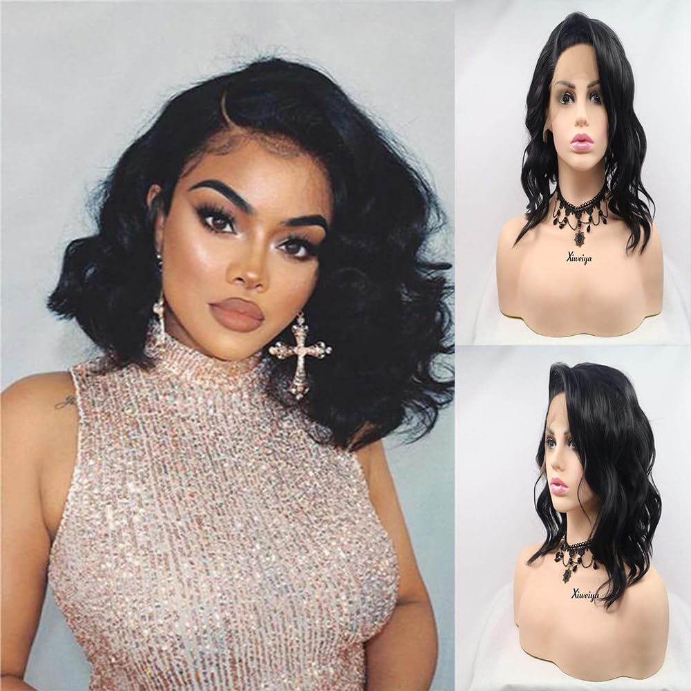 Xiweiya Black Wig 1b# Black Loose Wave Bob Lace Front Wigs Side Part Natural Black 13x4 Lace Front Wig Natural Hairline Heat Reistant Fiber Synthetic Full Wig for Drag Queen Halloween 14inch โ image 1