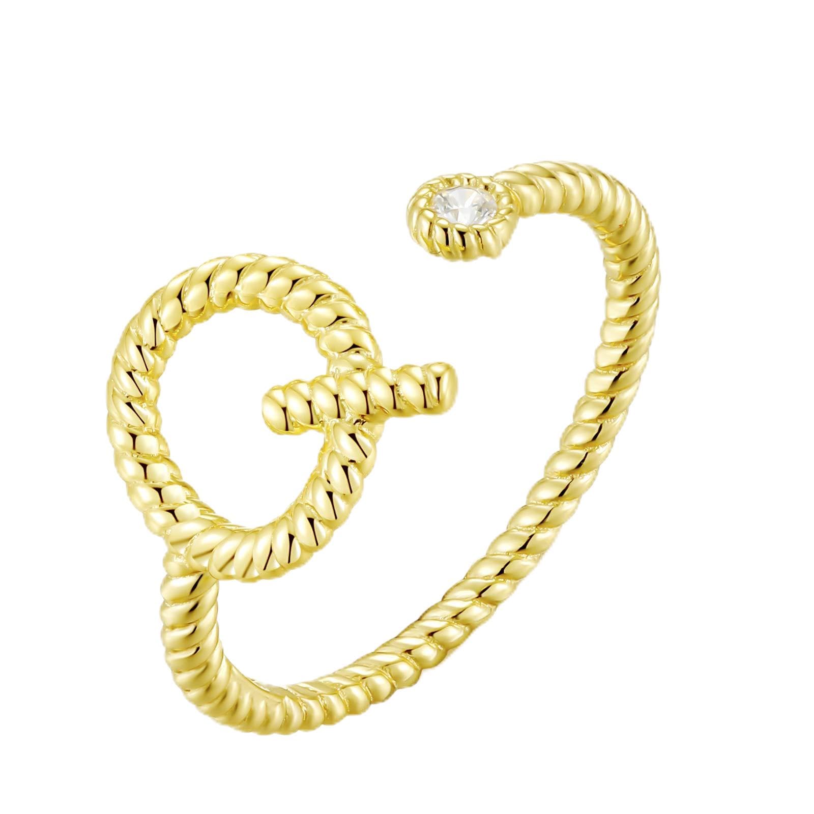 Qings 925 Sterling Silver Letter Ring, 18K Gold Plated Adjustable Ring with Cubic Zirconis Statement A-Z, Initial Alphabet Open Ring Jewellery Gift for Women Girls Ladies Birthday Wedding Engagement