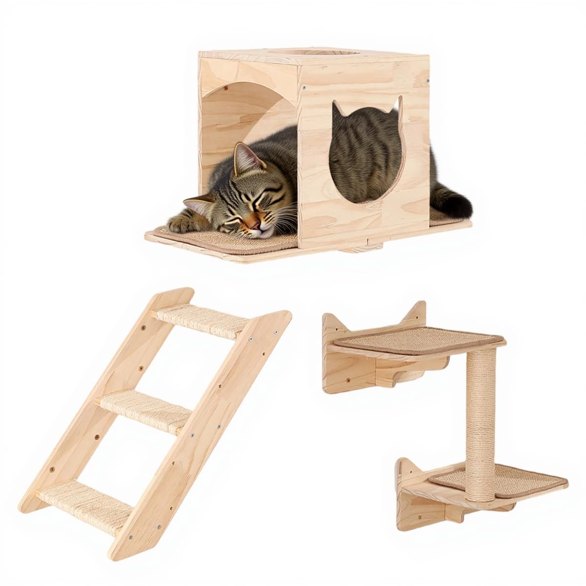 Photo 1 of A Cat Wall Shelves Set – 5PCS Extra-Large Mounted Cat Furniture with 2 Wide Platforms, Sisal Scratch Post, Solid Wood Climbing System for Large Indoor CatsX004OL3EPF