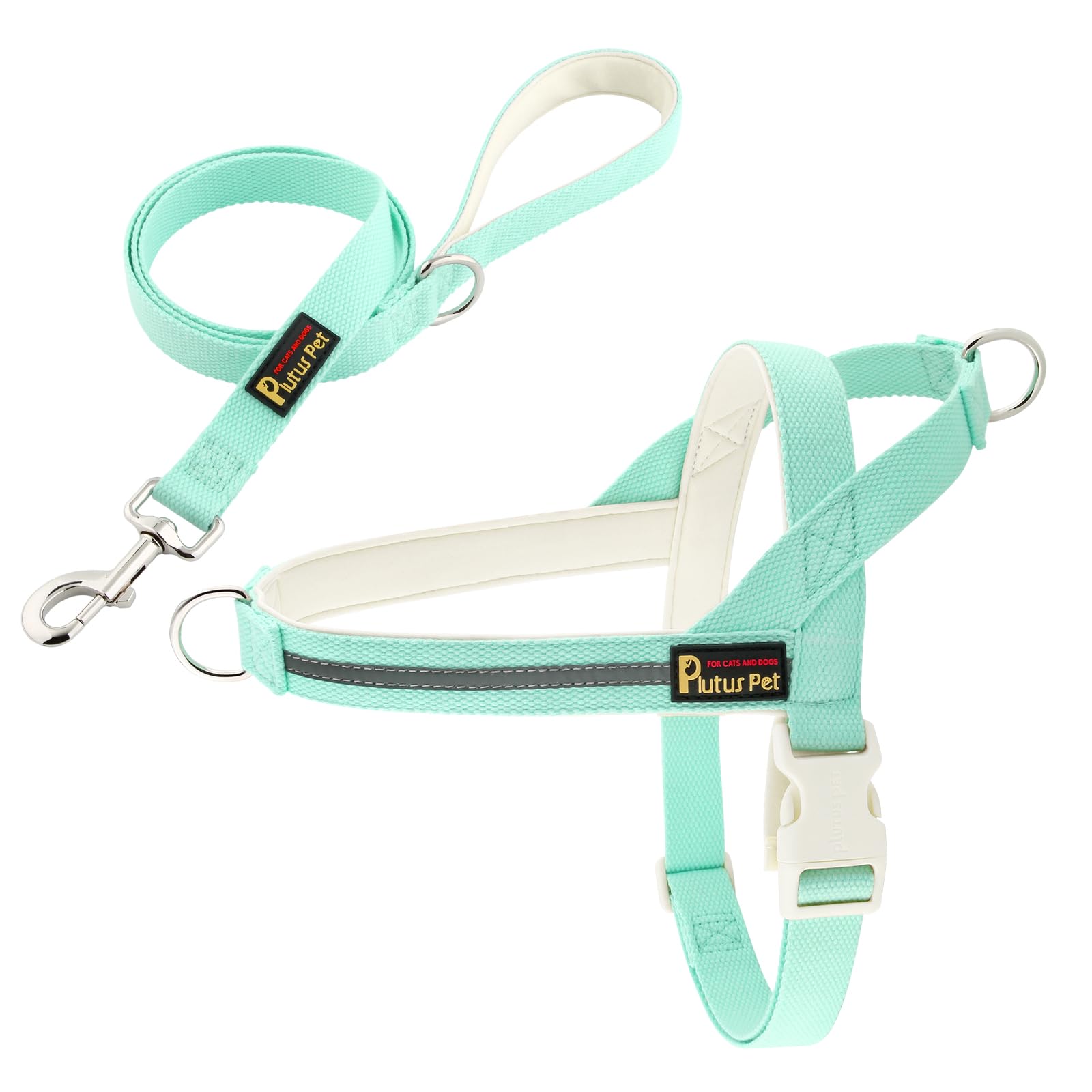 Plutus Pet Cotton Dog Harness and Lead Set, Reflective and Soft Padded, Quick Fit Vest Harness, for Small, Medium and Large Dogs, Light Cyan, L