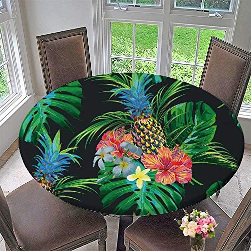 PINAFORE HOME Round Premium Tablecloth Tropical Flowers Pineapples Palm Leaves Jungle Leaf Monstera Hibiscus Stain Resistant 47.5"-50" Round (Elastic Edge)