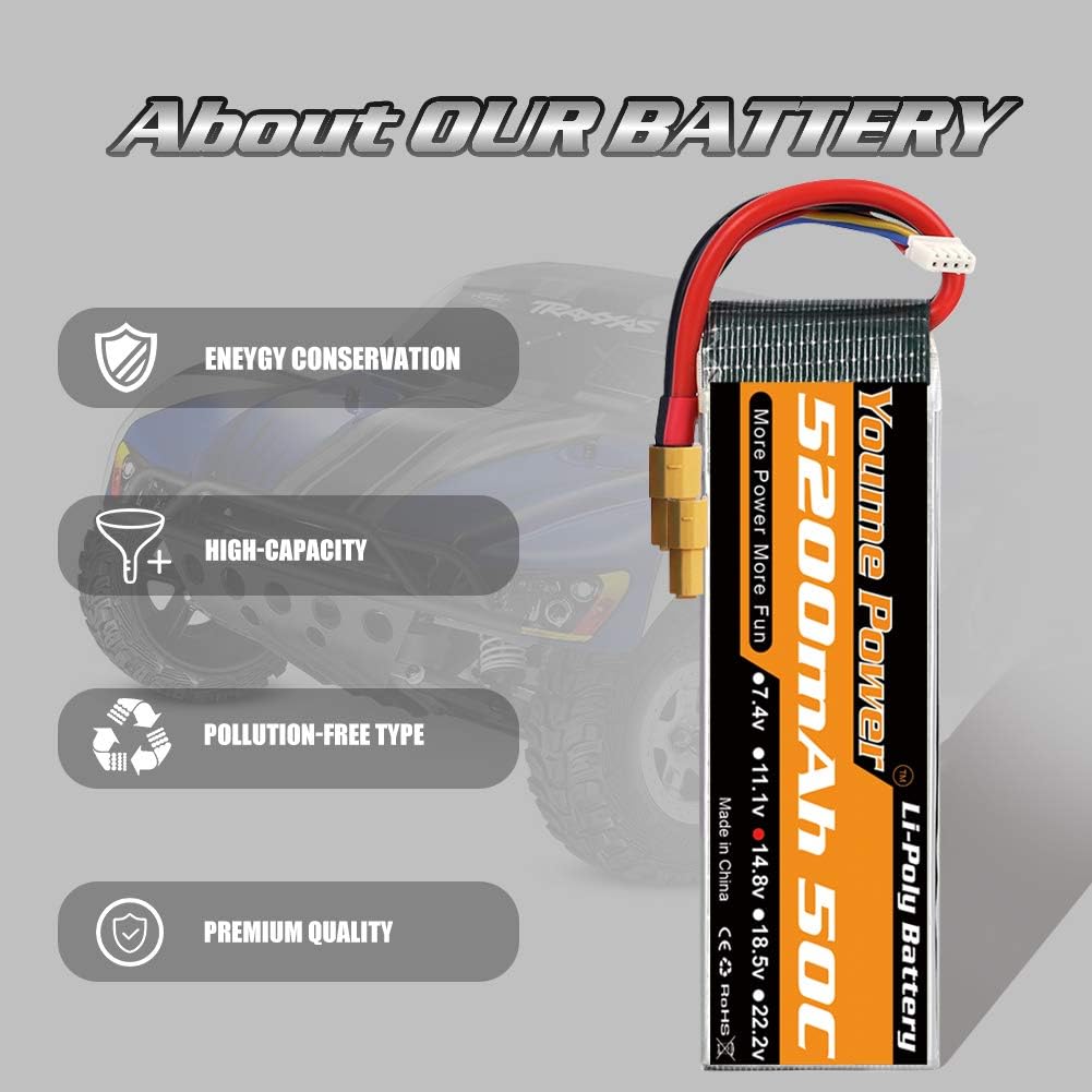 Youme 4s lipo Battery 5200mAh, 14.8v Lipo Battery 50C XT60 and Deans T Connector for RC Car RC Truck, RC Truggy - Image 3