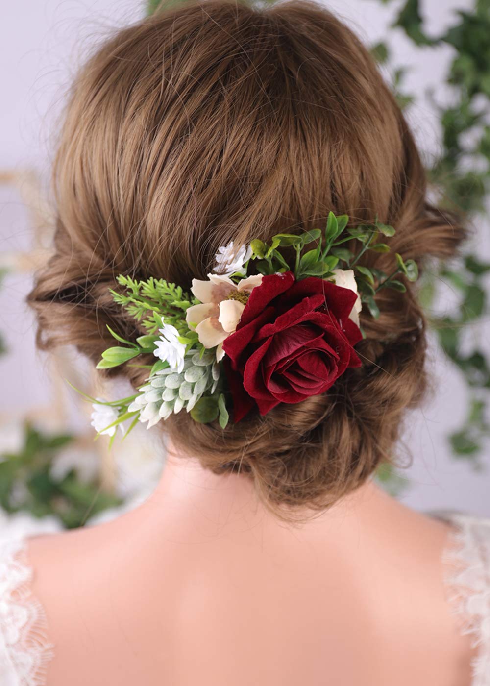 Anglacesmade Bridal Flower Hair Comb Burgundy Dark Red Rose Cream Daisy Eucalyptus Greenery Headpiece for Rustic Wedding Photo Shoot Prom Party Festival