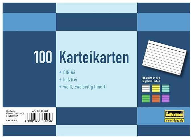 Idena 375036 - Karteikarten DIN A6, 100 Stück, 180 g/m², holzfreies Papier, eingeschweißt, liniert, weiß