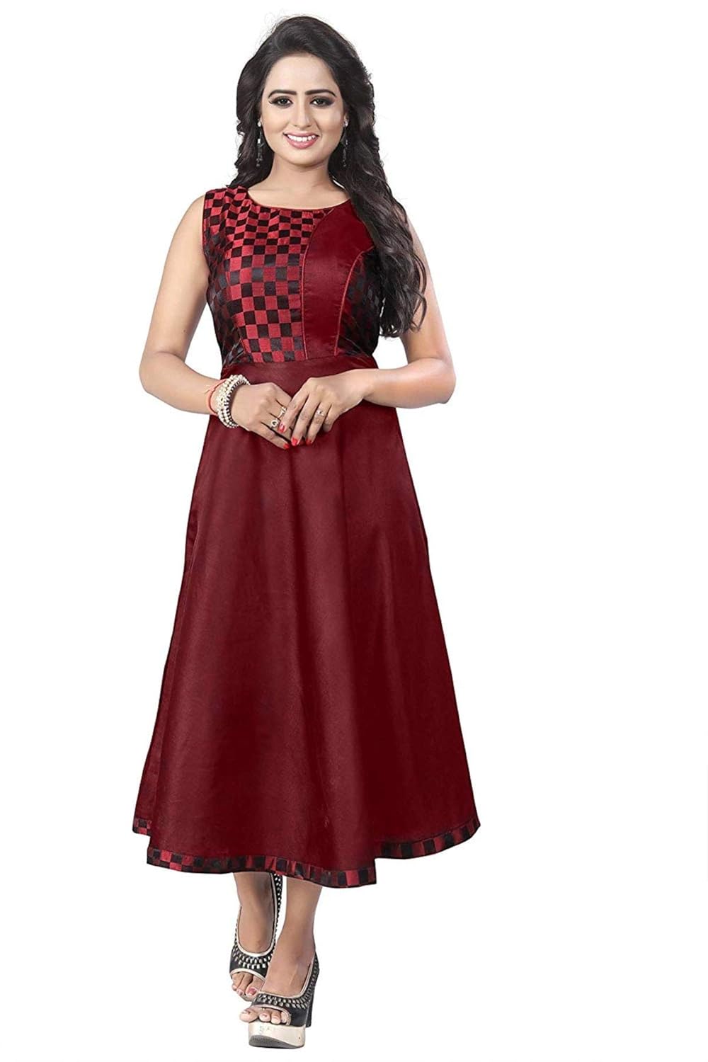 tisha fashion women's satin semi-stitched gown dress (maroon, free size)