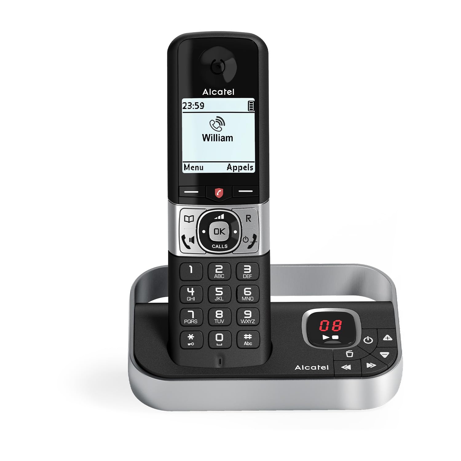 ALCATEL F890 Voice - DECT Cordless Phone with Answering Machine - High Resolution Graphical Display - Handsfree - Call Barring - VIP Ringtone - 50 Min Answering Machine - Black/Grey