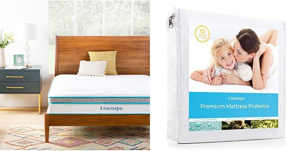 Linenspa 10 Inch Memory Foam and Innerspring Hybrid Mattress - Medium Feel - Full & Premium Smooth Fabric Mattress Protector-100% Waterproof-Hypoallergenic-Vinyl Free Protector, Full, White