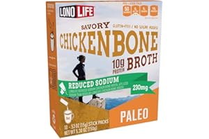 LonoLife Reduced Sodium Chicken Bone Broth Powder Mix | 10g Protein | Collagen-Rich, Keto & Paleo Friendly | Natural Ingredients | 10 Portable Stick Pack Servings