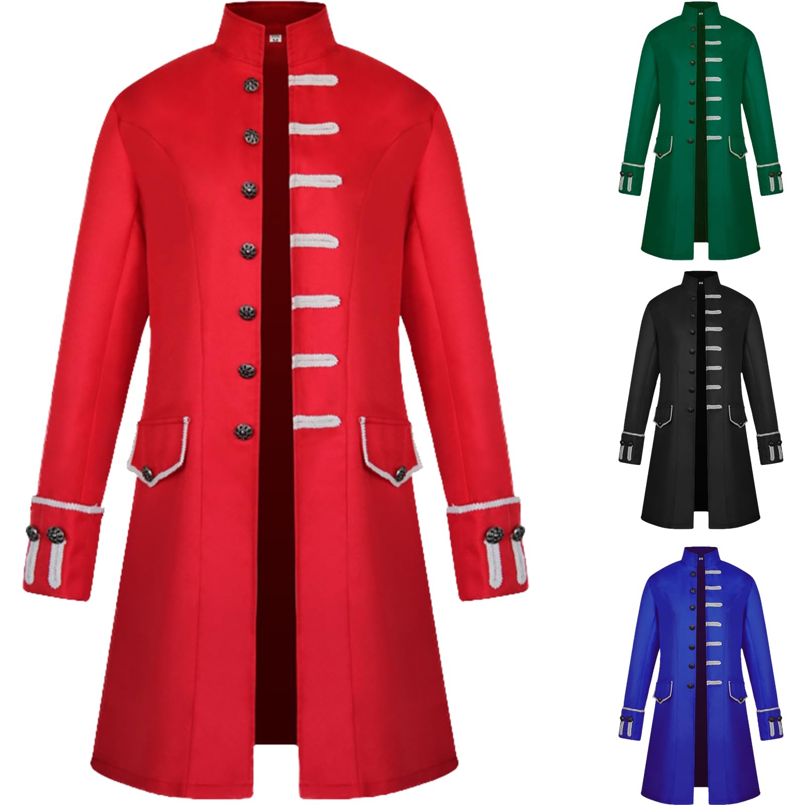 OPAEHJF Men's Gothic Steampunk Medieval Vintage Coat Frock Uniform Costume Single Breasted Trench Coat Autumn Casual Overcoat for Halloween Party (Red, M)
