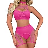 Women Rave Outfits Cutout Fishnet Top Booty Shorts Bottom Choker 3Pcs Babydoll Nightwear Festival Lingerie