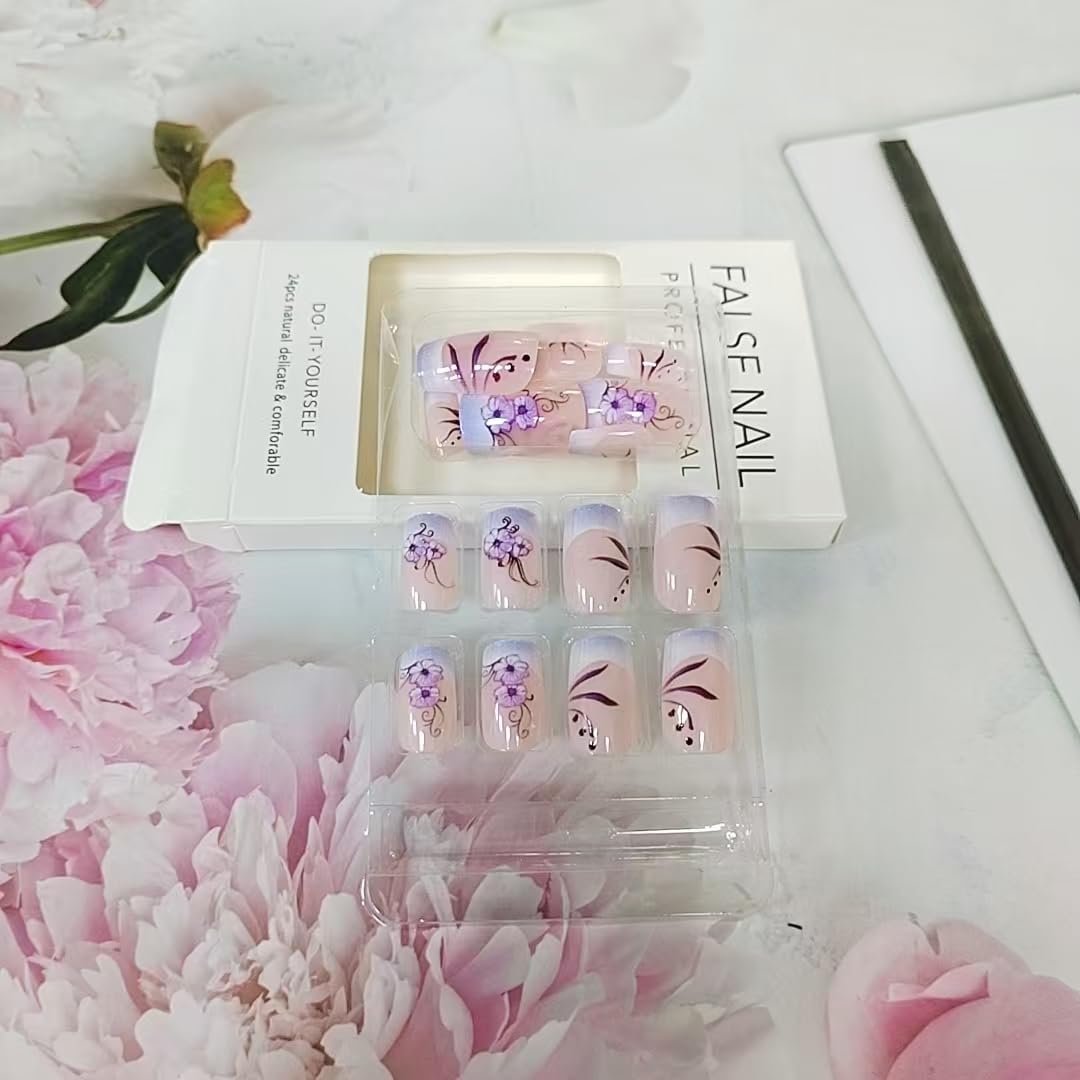 Purple French Press on Nails Short Square Fake Nails Nude False Nails Press ons with Purple Flower Design Glitter Nail Art Tips Full Cover Acrylic Glue on Nails for Women 24 Pcs - Image 5