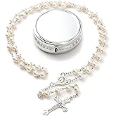 YQZIYOU Rosary Beads Catholic - Confirmation Gifts for Teenage Girl, Silver Simple Style Metal Gift Box, White Artificial Pearls Rosary, Gifts for Women