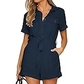GRAPENT Women's Summer Short Sleeve Button Down Pockets Belted Jumpsuits Rompers