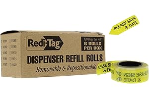Redi-Tag 91032 Arrow Message Page Flag Refills, "Please Sign & Date", Yellow, 120 per Roll (Box of 6 Rolls)