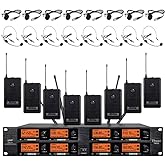 Wireless Microphone System Pro Audio 8 Channel UHF 8 Lavalier Bodypacks 8 Lapel Mic 8 Headsets for Karaoke System Meeting Church Speaking Conference Wedding Party Frequency B