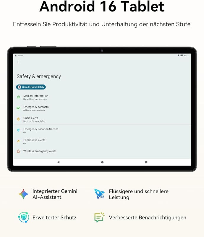 Tablet Android 16, 11 Zoll Display, 90Hz Bildwiederholrate, 64GB Tablet PC, 7000mAh Akkulaufzeit, 5G WiFi, GPS, OTG, Leichtes Design, Vielseitige KI-Tools, 4 Jahre Herstellergarantie