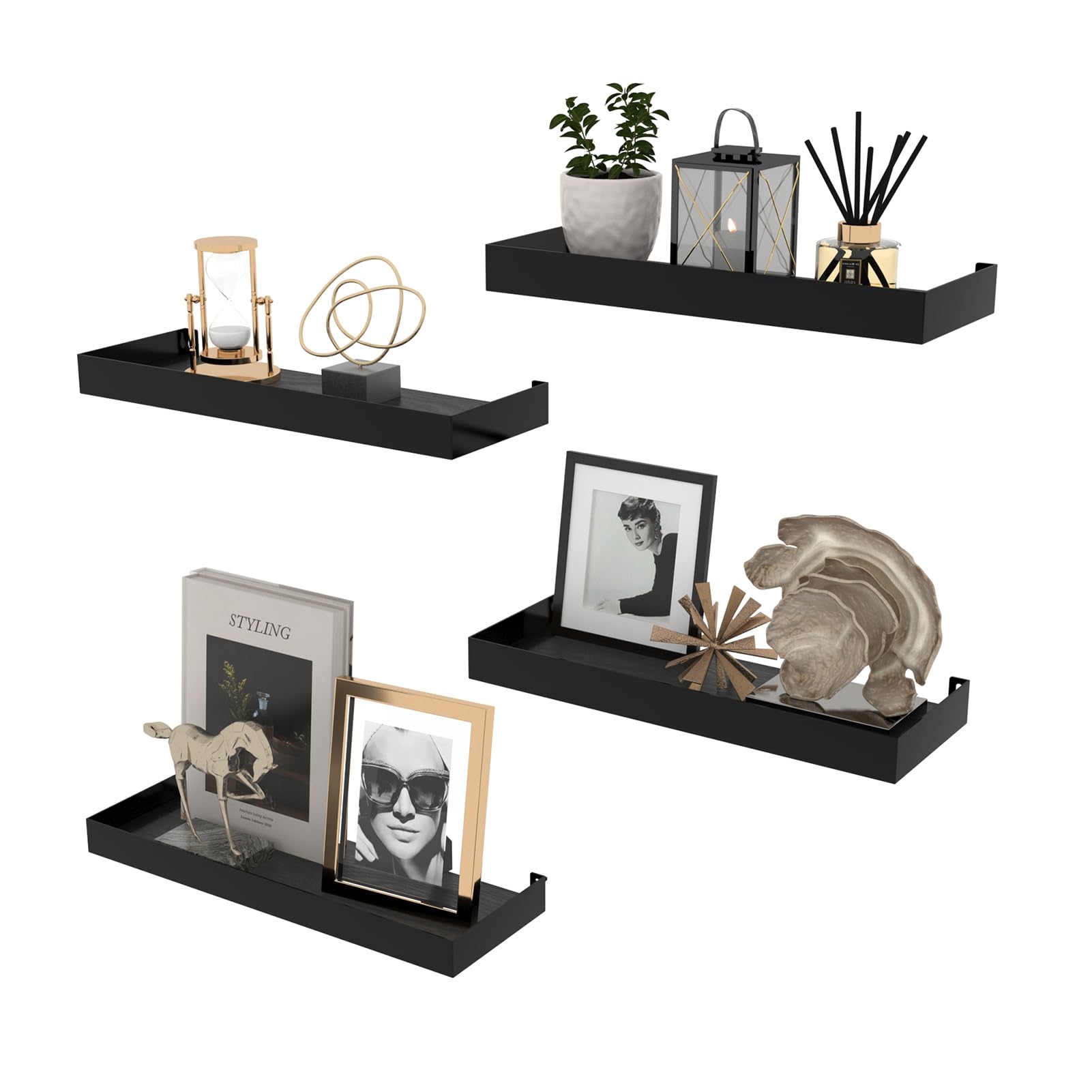 RLAVBL Black Floating Shelves for Wall Set of 4, Wall Mounted Shelves with sturdy Wooden Panels and Stylish Metal Grill, Ideal for Home Decor and Storage
