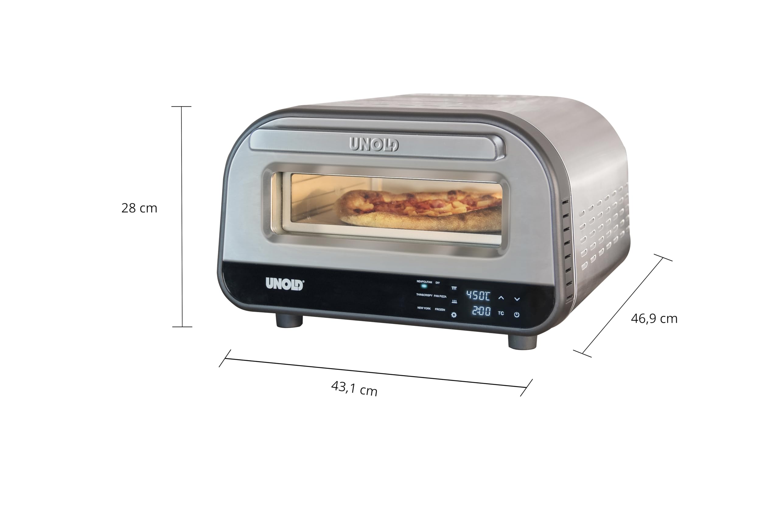 Unold Pizzaofen LUIGI 68816 | Elektrischer Pizza Ofen aus rostfreiem Edelstahl mit Pizzastein mit bis zu 450°C, nur ca. 2 Minuten Backzeit, energiesparend, 1.700 Watt 8