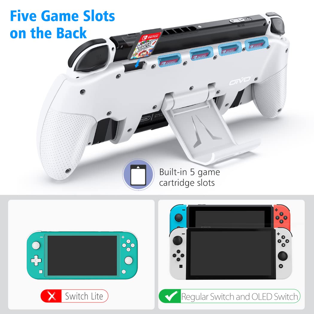 OIVO Switch Grip with Upgraded Adjustable Stand, Asymmetrical Grip with Adjustable Stand and 5 Game Slots-4 Thumb Caps Included-White
