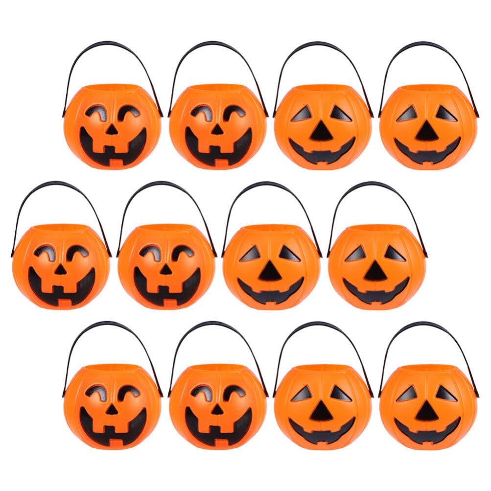 TOYANDONA 12Pcs Halloween Pumpkin Candy Buckets with Handles, Mini Orange Trick or Treat Containers for Party Favors and Decorations, 2.75X2.75X2.36In