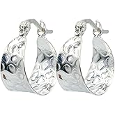 Classic Tapered Hammered Texture Huggie Hoop Earring, 925 Sterling Silver, Hinge With Notched Post, 0.90 Inch