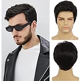 Dai Cloud Black Wigs for Men Short Side Part Natural Layered Fluffy Synthetic Mens Wig for Daily Party Halloween Cosplay with Wig Cap