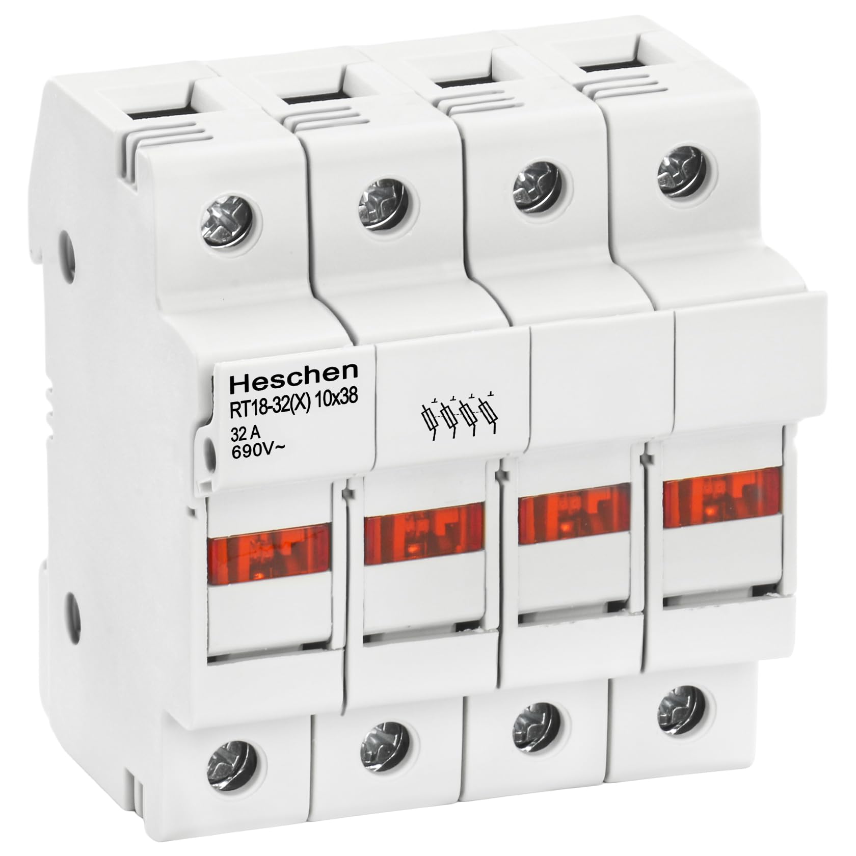 Heschen Cylindrical Fuse Holder Base, RT18-32(X) 32A AC690V, 4P, DIN Rail Mounting for RT18 RO15 10 x 38mm Fuse CE Listed