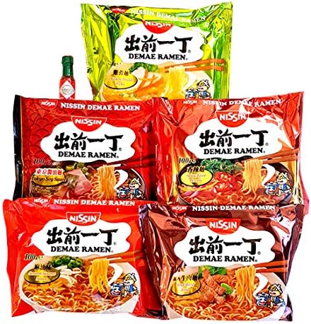 Nissin Demae Ramen Chicken, Tokyo, Spicy, Beef, Sesame Noodles (5x100g) and 1 MiniTabasco (3.7ml)