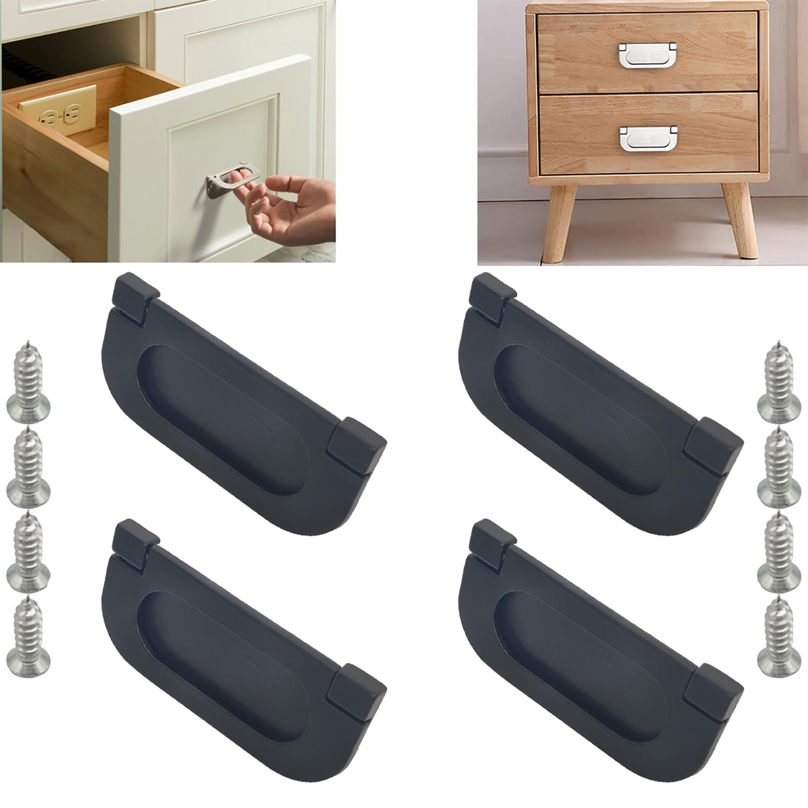 CTRICALVER 4 Pieces of Invisible Handles | 75mm knobs Kitchen Cabinet Cupboard Drawer Door Handles | Pull Handle with Screws | Horizontal Kitchen Cabinet Hardware Drawer Handle （Black）