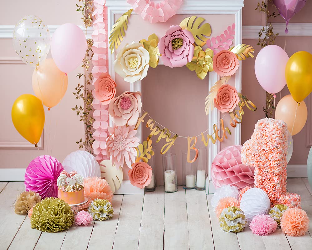 Haosphoto 7X5FT Girls Birthday Cake Smash Backdrop for Photography Girls 1st Birthday Backdrops Balloons Paper Flowers Background for Newborn Baby Shower Kids Birthday Party Photo Studio Props HS234