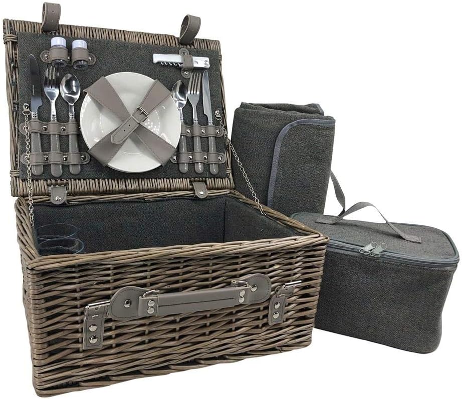 Red Hamper Grey Tweed Wicker Picnic Basket for 2 with Cooler & Blanket