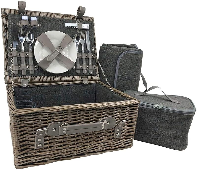 Red Hamper Grey Tweed Wicker Picnic Basket for 2 with Cooler & Blanket