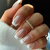 KQueenest 30 Pcs White French Tip Press on Nails Short Square Nails Press ons,Natural Nude Fake Nails Acrylic,Classic Glue on
