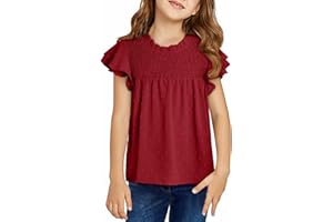 DOKOTOO KIDS Girls Shirts Pleated Crewneck Ruffled Short Sleeve Tops Cute Swiss Dot Blouse
