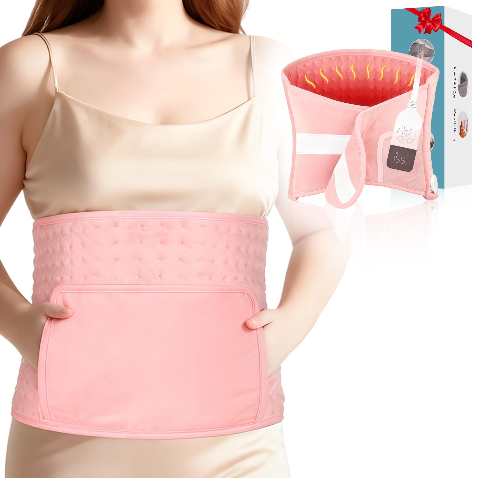 Photo 1 of 51" Heating Pad for Period Cramps Built with Hand Warmer Pocket, Controller Pocket & 9.84ft/3M Extra-Long Cord, Adj. Temp Timer Auto Shut Off Wrap Around Heated Pad for Women Back Abdomen Pain Relief