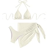 SHENHE Women's 3 Piece Textured High Cut Halter Triangle Bikini Swimsuit with Cover Up