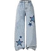 OYOANGLE Girl's Elastic Waist Wide Leg Baggy Jeans Y2K Star Print Loose Denim Pants