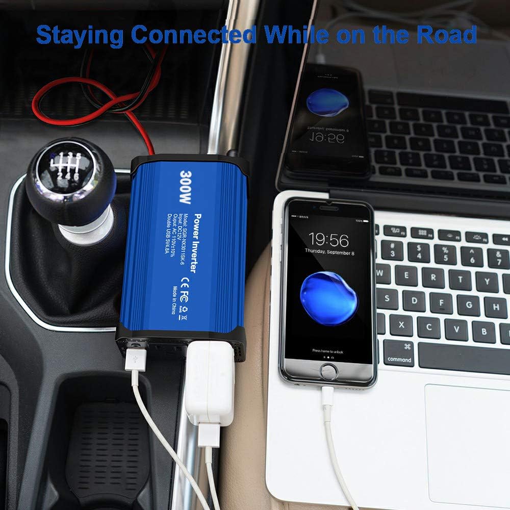 300W Power Inverter DC 12V to 110V AC Car Charger Converter with 4.8A Dual USB Ports (Blue): Car Electronics